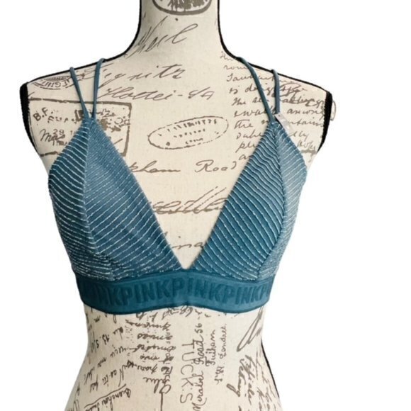 NWT Victoria Secret Pink Womens Blue Glitter Striped Unlined Wireless Bra Size M - Picture 1 of 12